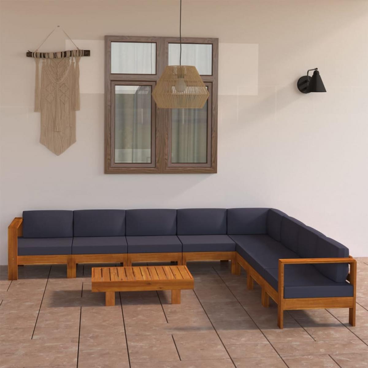 Muebles de jardín 9 pzas con cojines madera acacia gris oscuro
