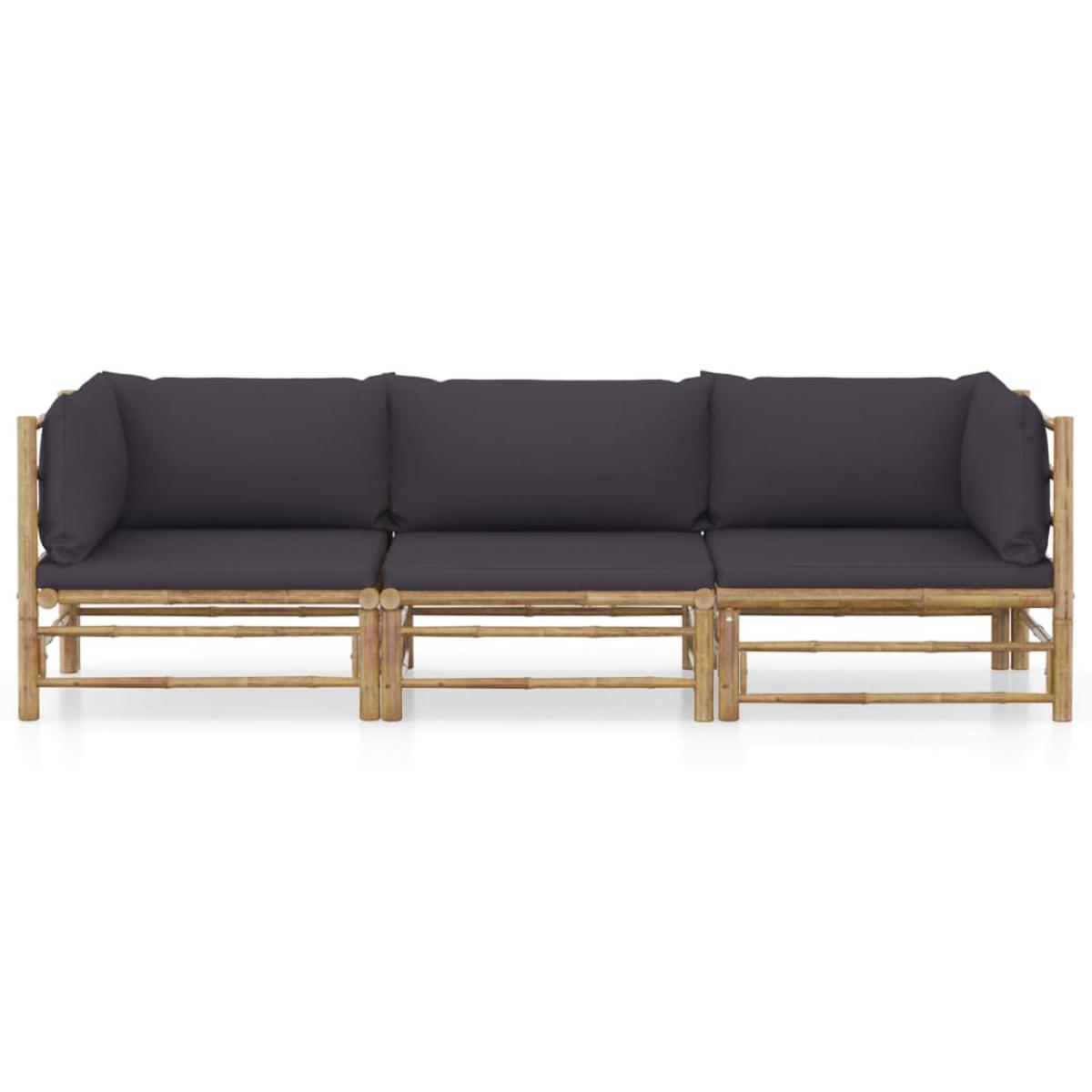 Set de muebles de jardín 3 piezas bambú y cojines gris oscuro