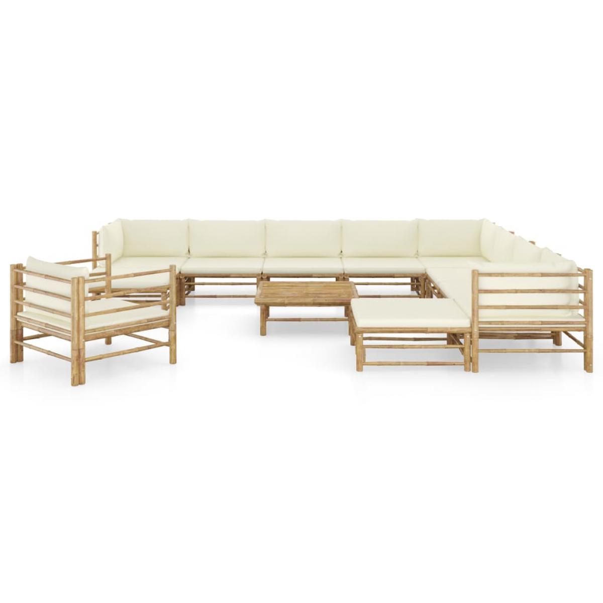 Set de muebles de jardín 12 piezas bambú y cojines blanco crema