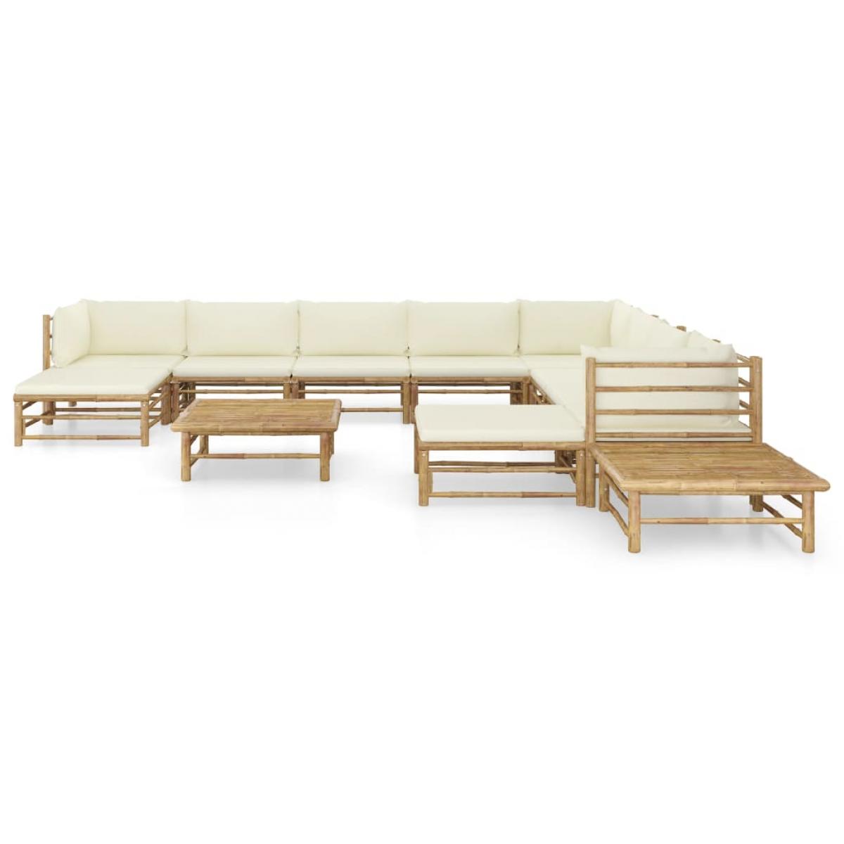 Set de muebles de jardín 12 piezas bambú y cojines blanco crema