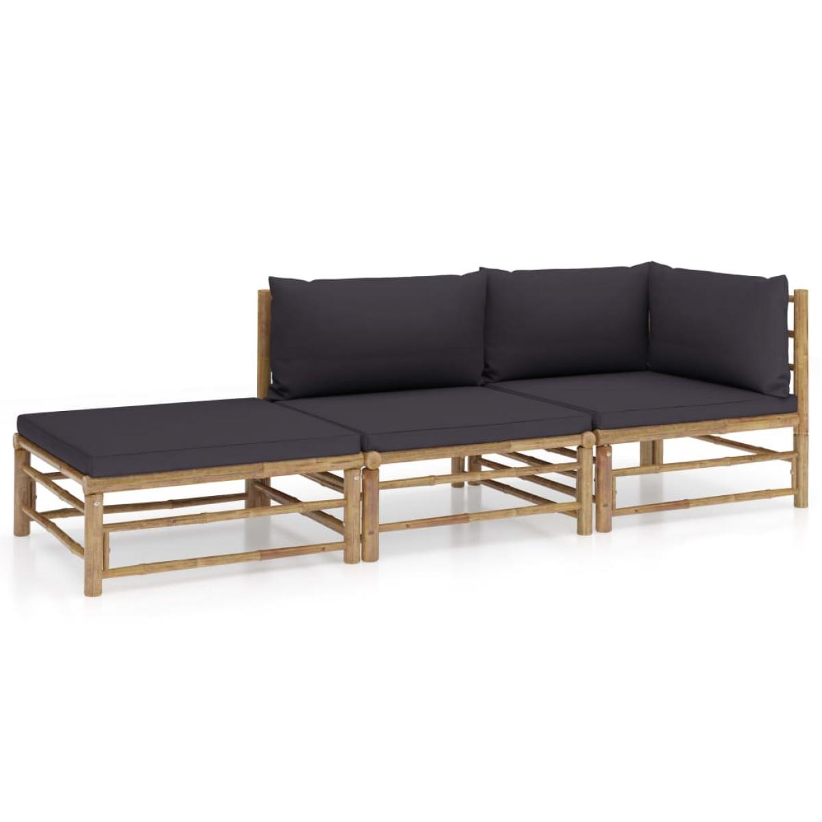 Set de muebles de jardín 3 piezas bambú y cojines gris oscuro