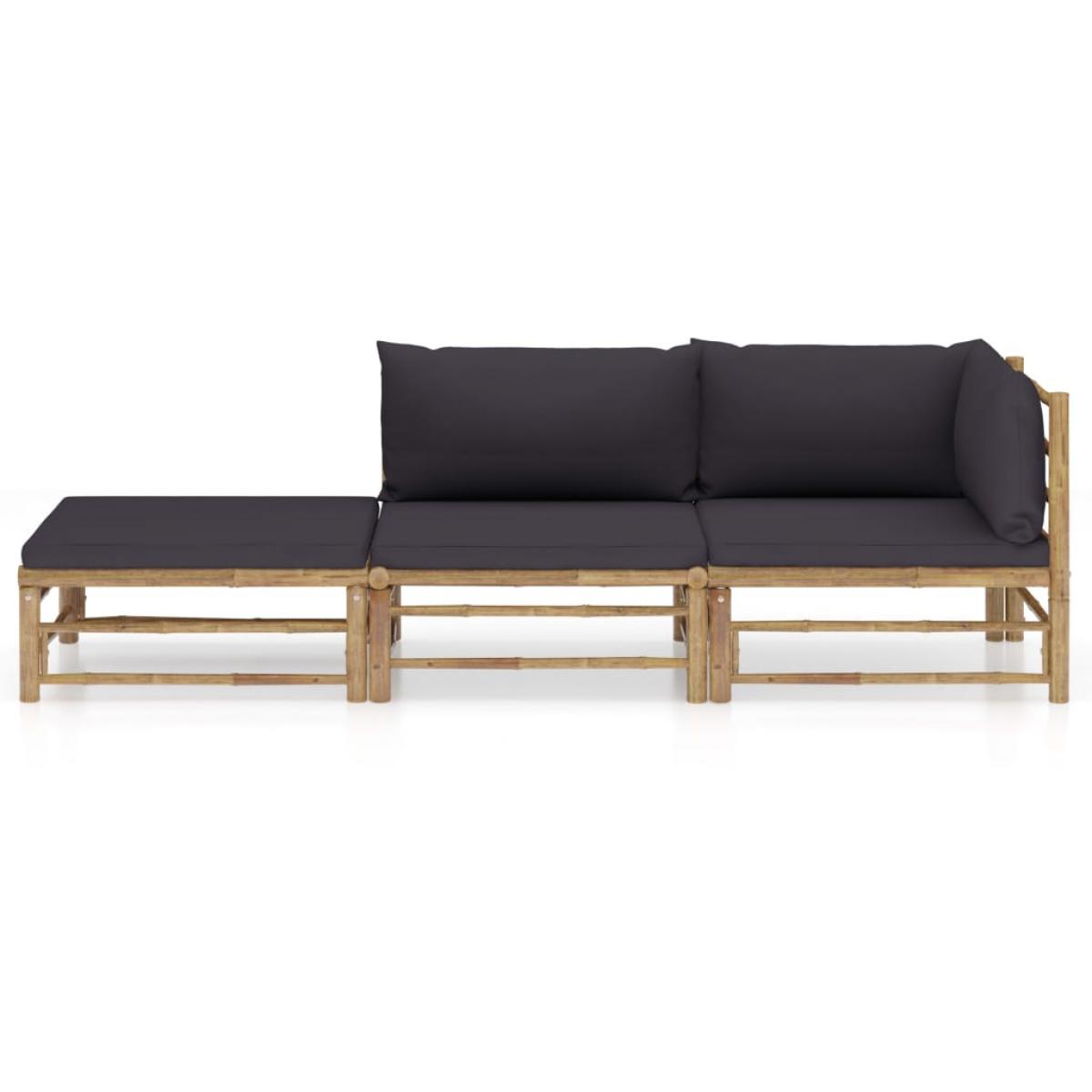 Set de muebles de jardín 3 piezas bambú y cojines gris oscuro