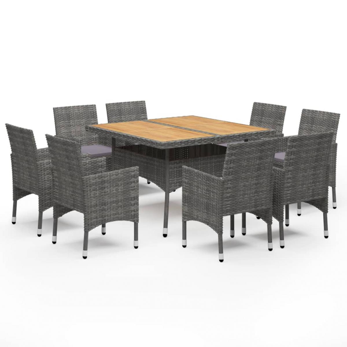 Set de comedor de jardín 9 pzas ratán PE y madera acacia gris