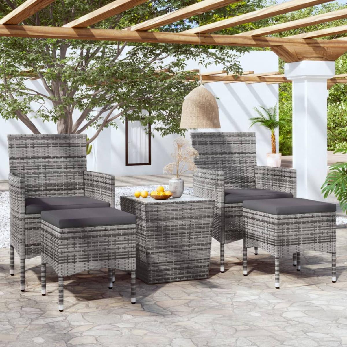 Mesa sillas jardín 5 pzas ratán sintético vidrio templado gris