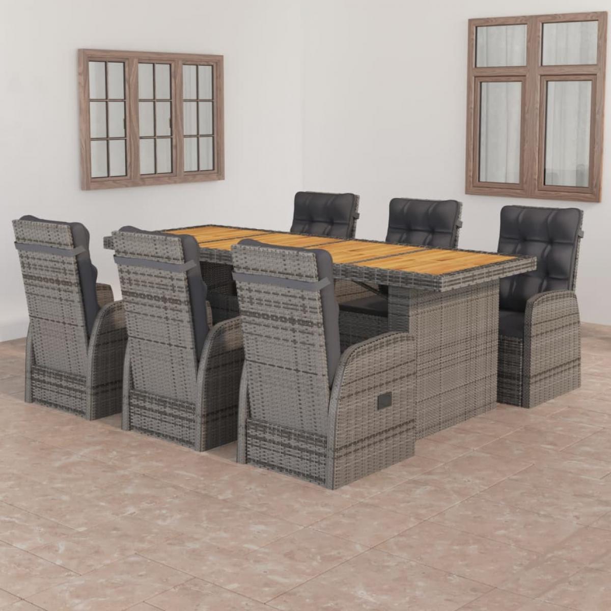 Set de comedor de jardín 7 pzas y cojines ratán sintético gris
