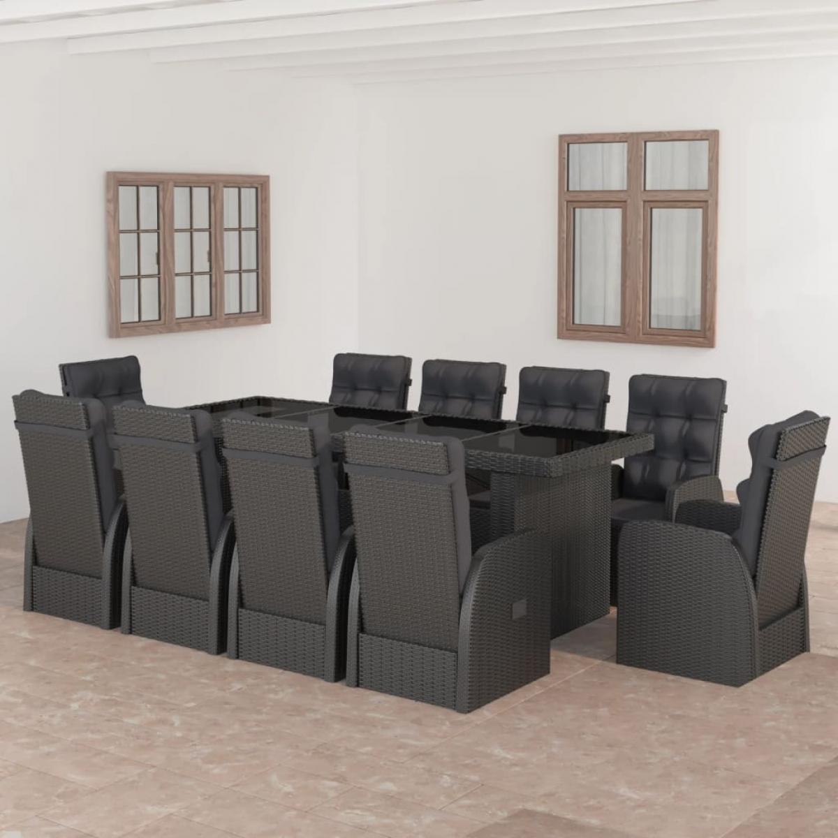 Set comedor de jardín 11 piezas y cojines ratán sintético negro