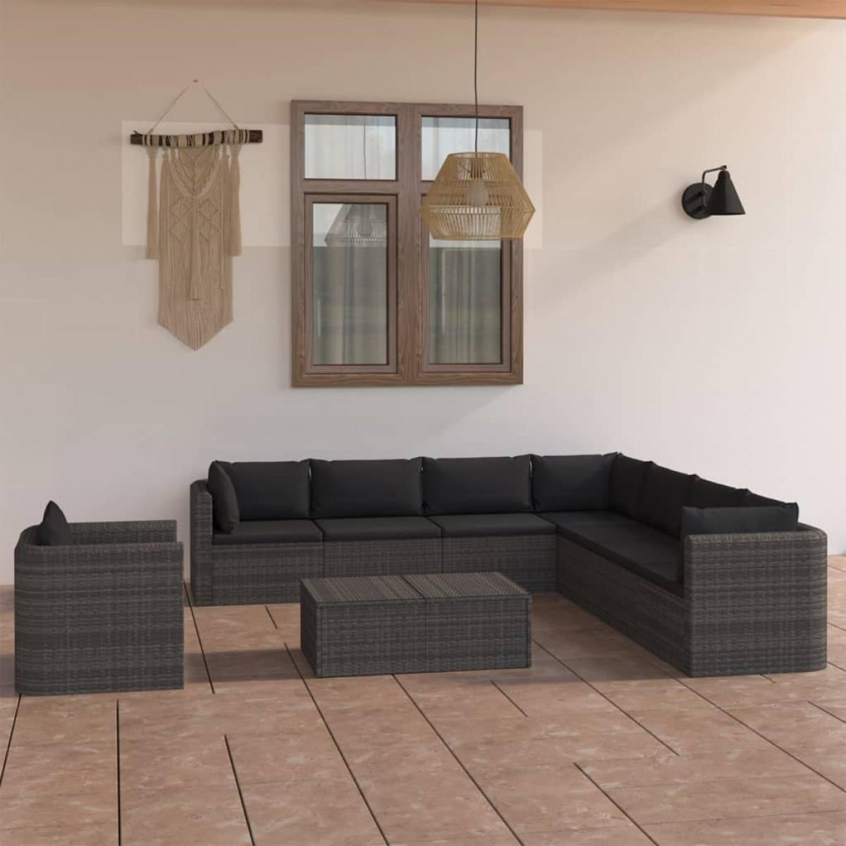 Set de muebles de jardín 9 pzas ratán sintético y cojines gris