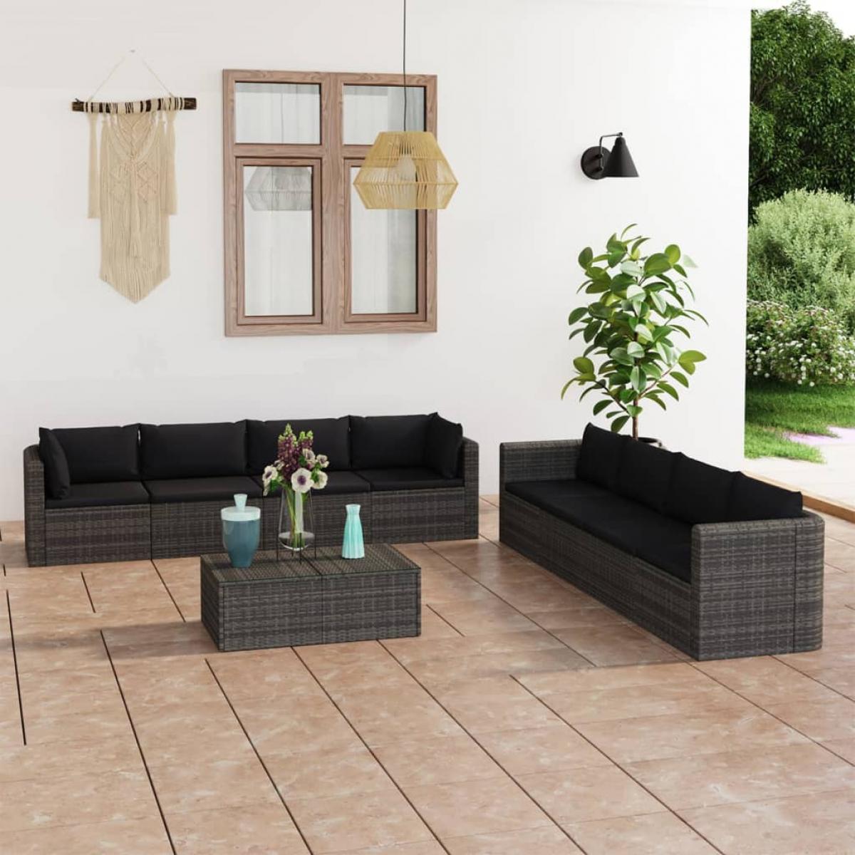 Set de muebles de jardín 9 pzas y cojines ratán sintético gris