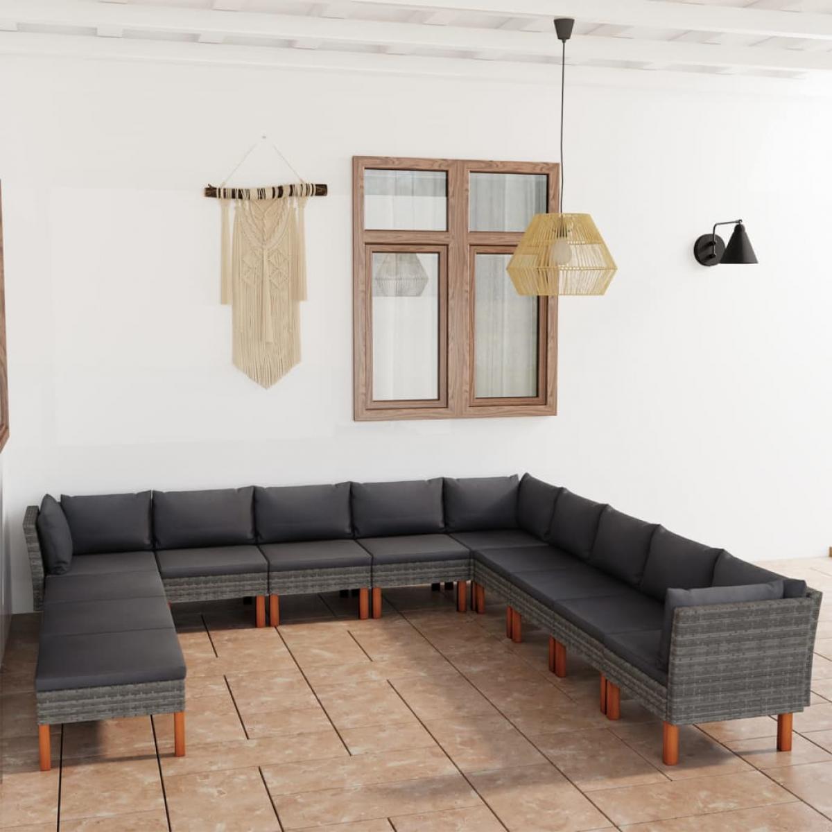 Set de muebles de jardín 12 pzas y cojines ratán sintético gris