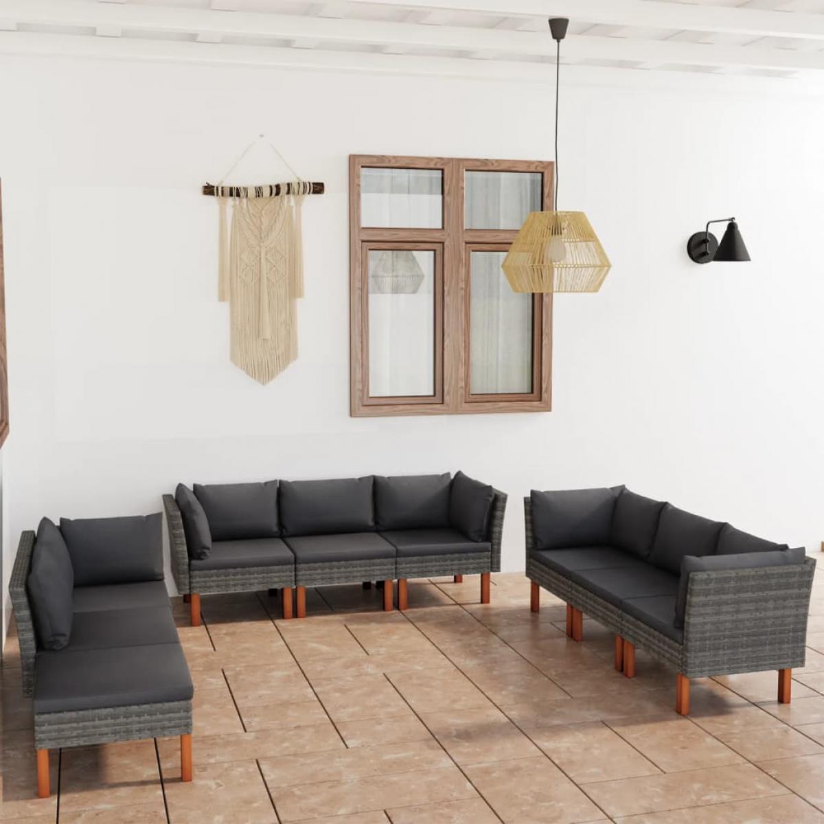 Set de muebles de jardín 9 pzas y cojines ratán sintético gris