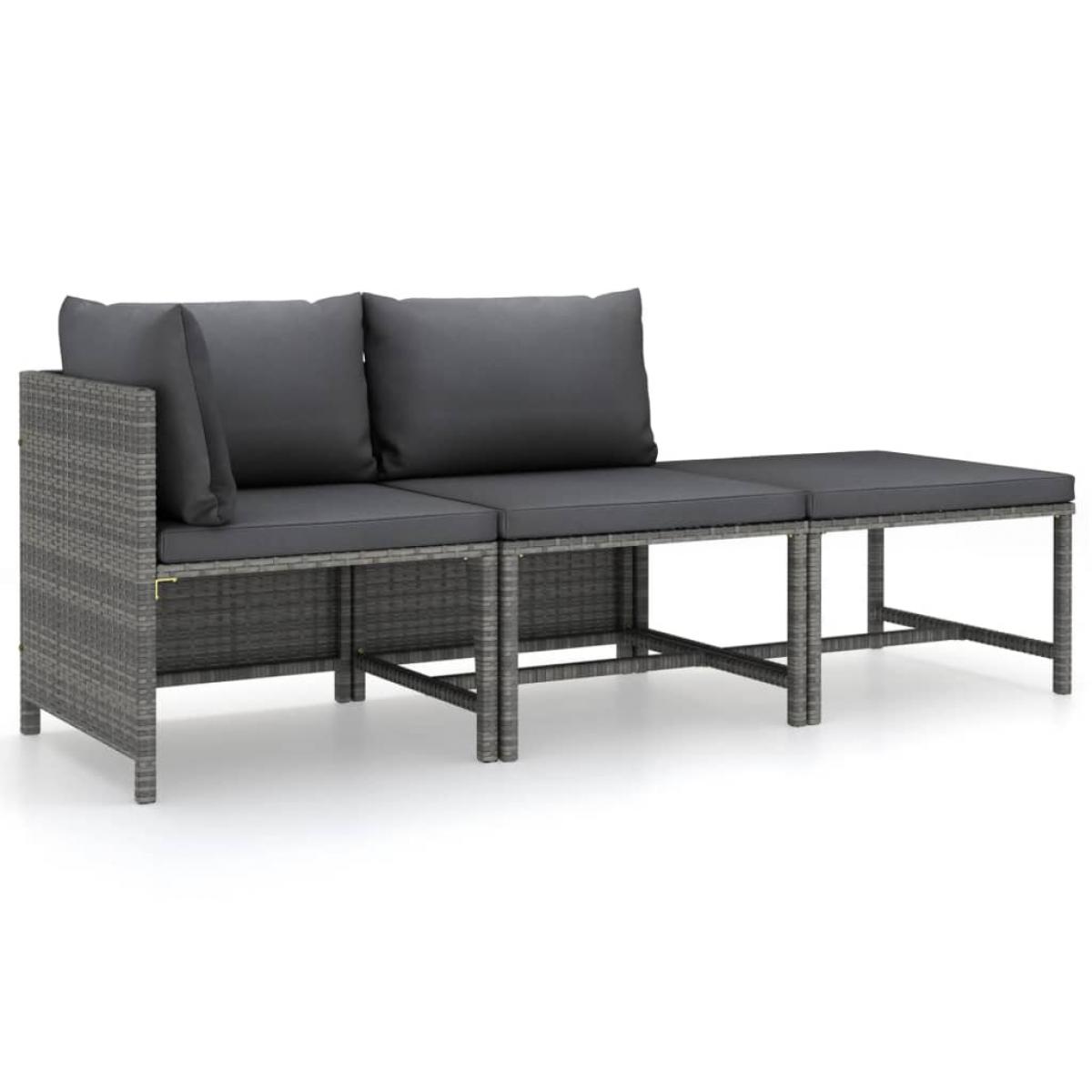 Set de muebles de jardín 3 pzas y cojines ratán sintético gris
