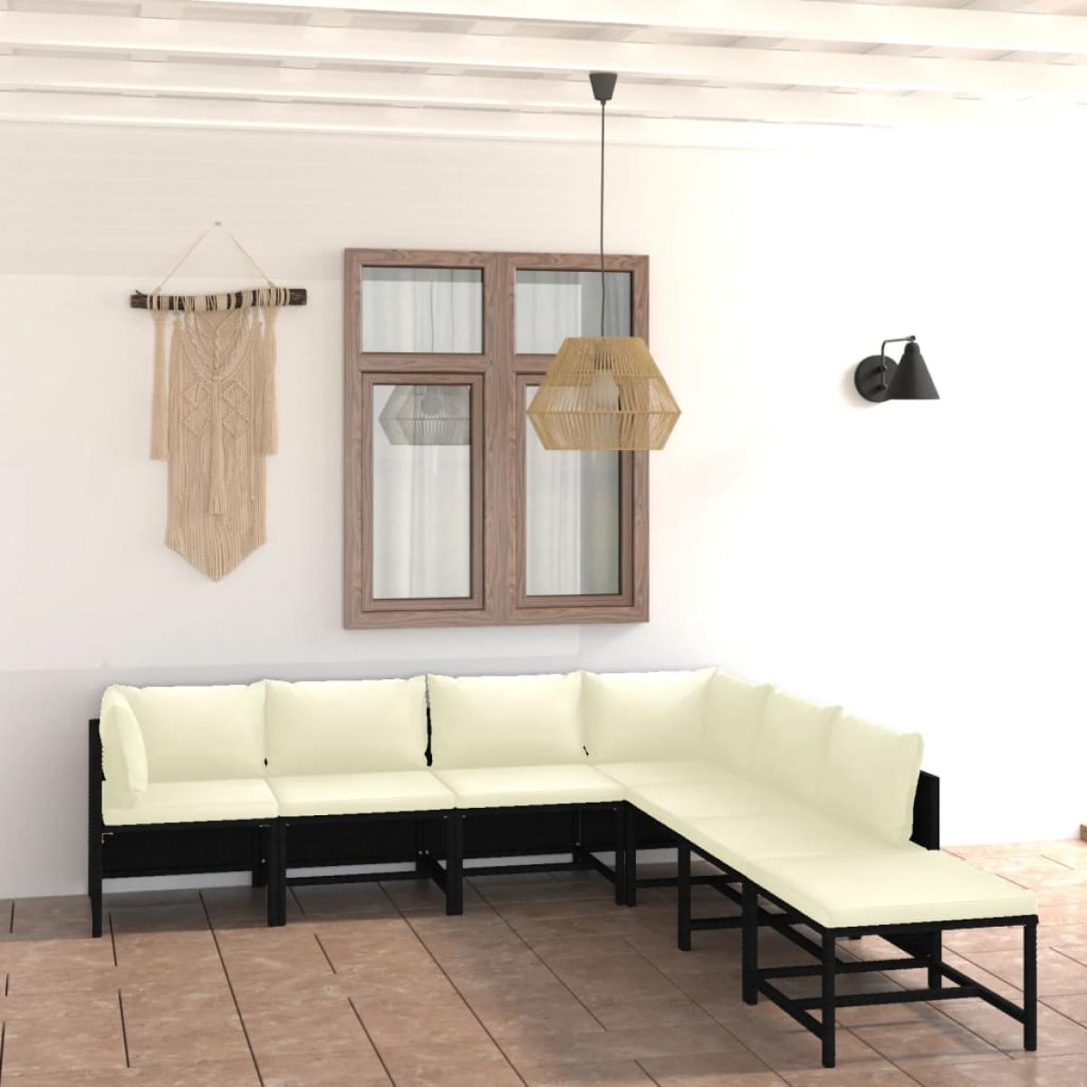 Set de muebles de jardín 7 pzas y cojines ratán sintético negro
