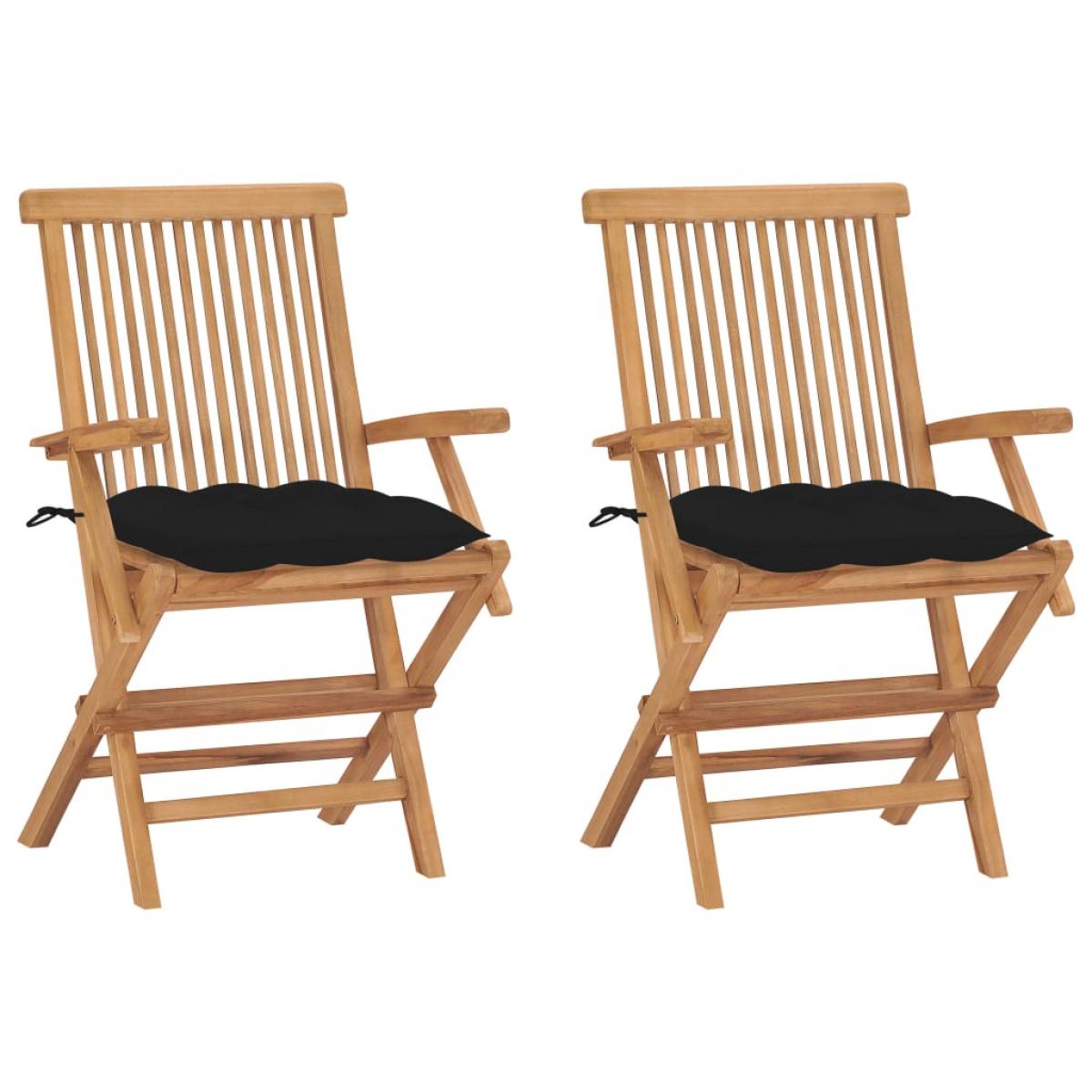 Sillas de jardín 2 uds madera maciza de teca con cojines negros