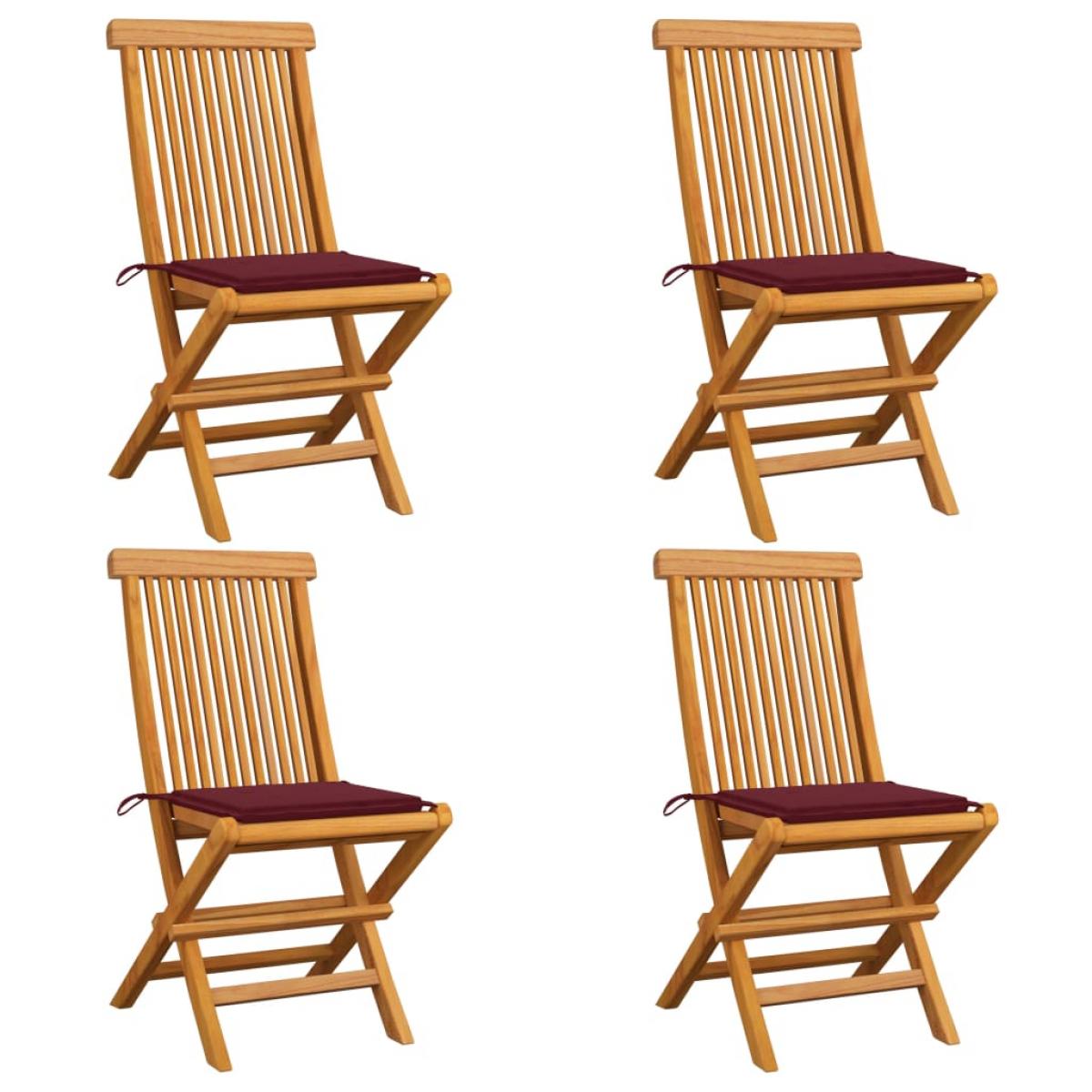 Sillas de jardín 4 uds con cojines rojo tinto madera de teca