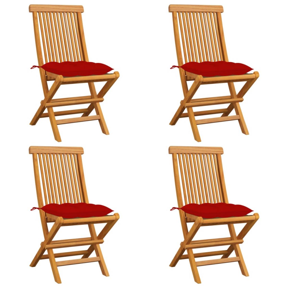Sillas de jardín 4 uds con cojines rojos madera de teca