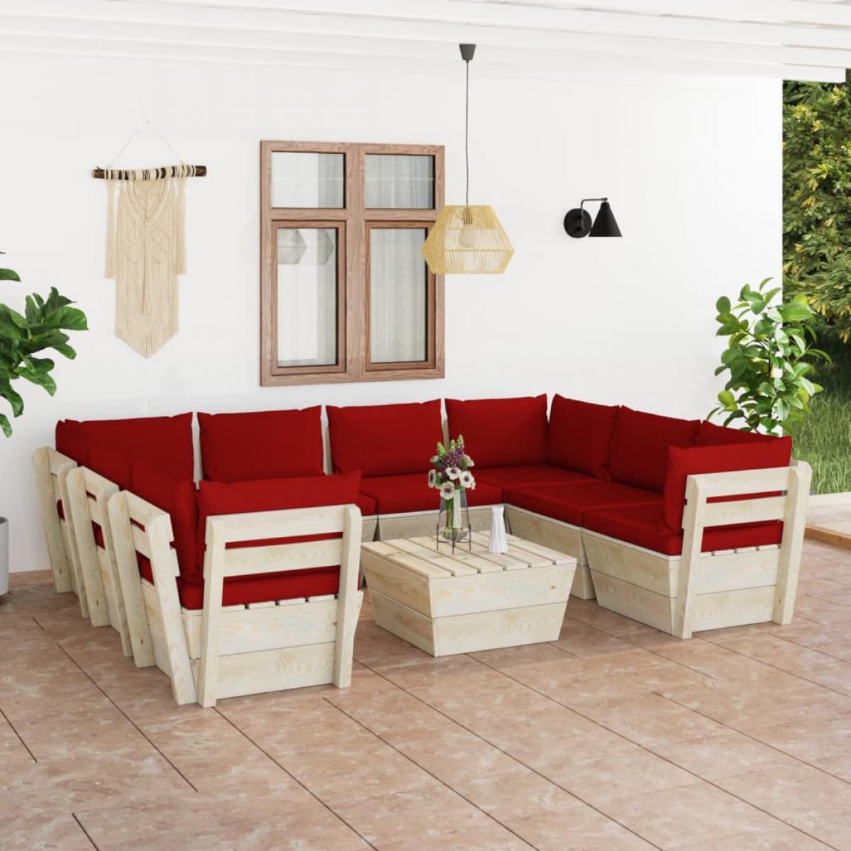 Muebles de jardín de palets 9 piezas y cojines madera de abeto