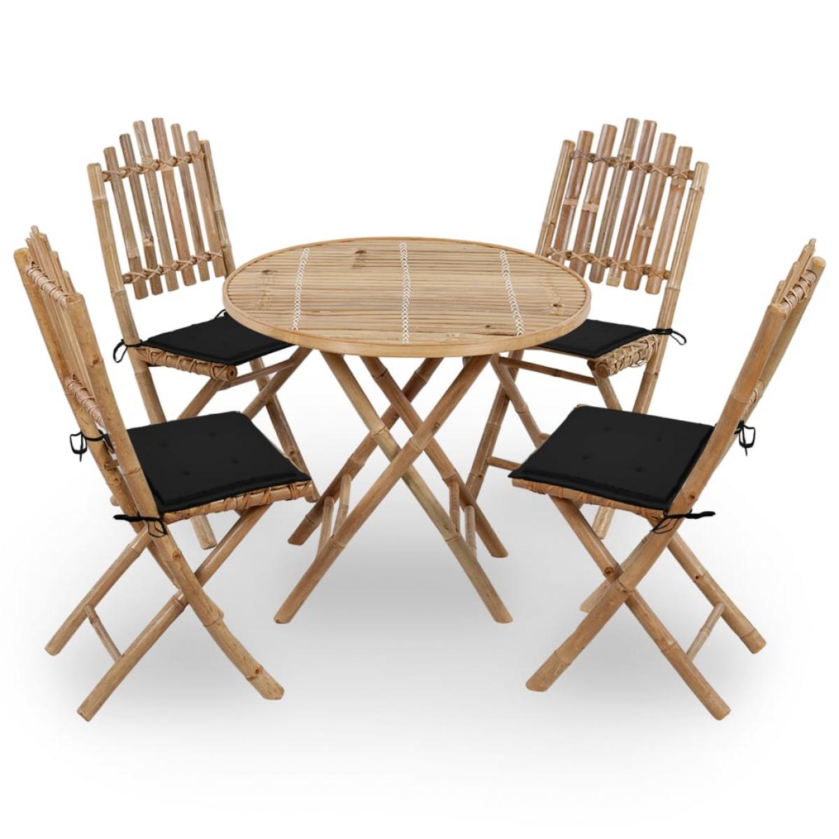 Set de comedor exterior plegable 5 piezas con cojines bambú