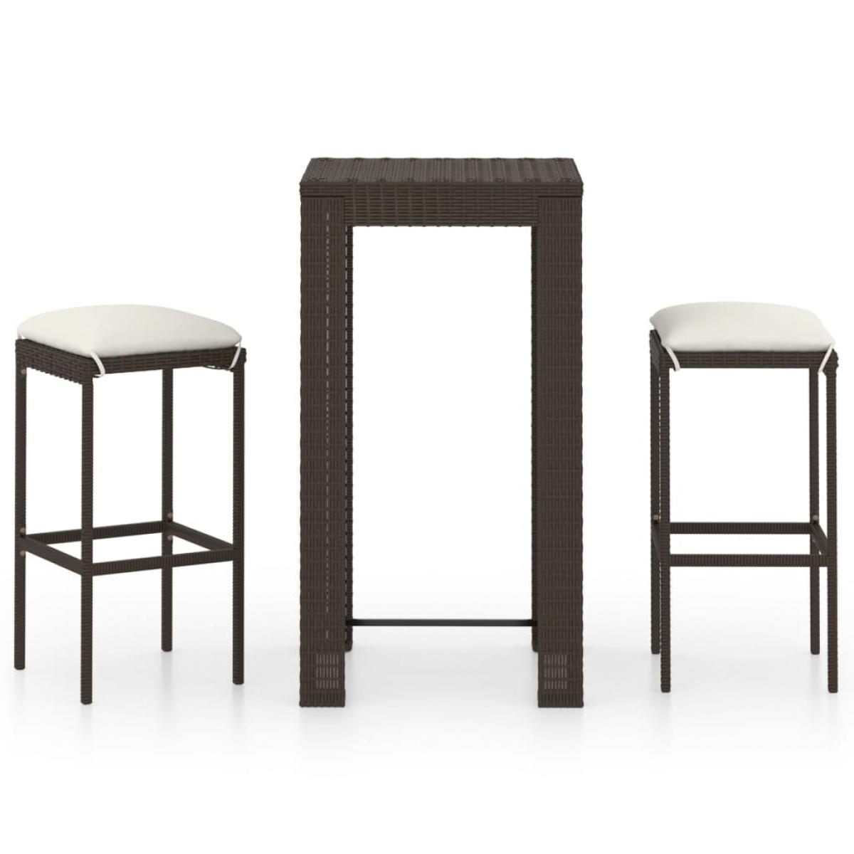 Set de bar de jardín 3 piezas y cojines ratán sintético marrón