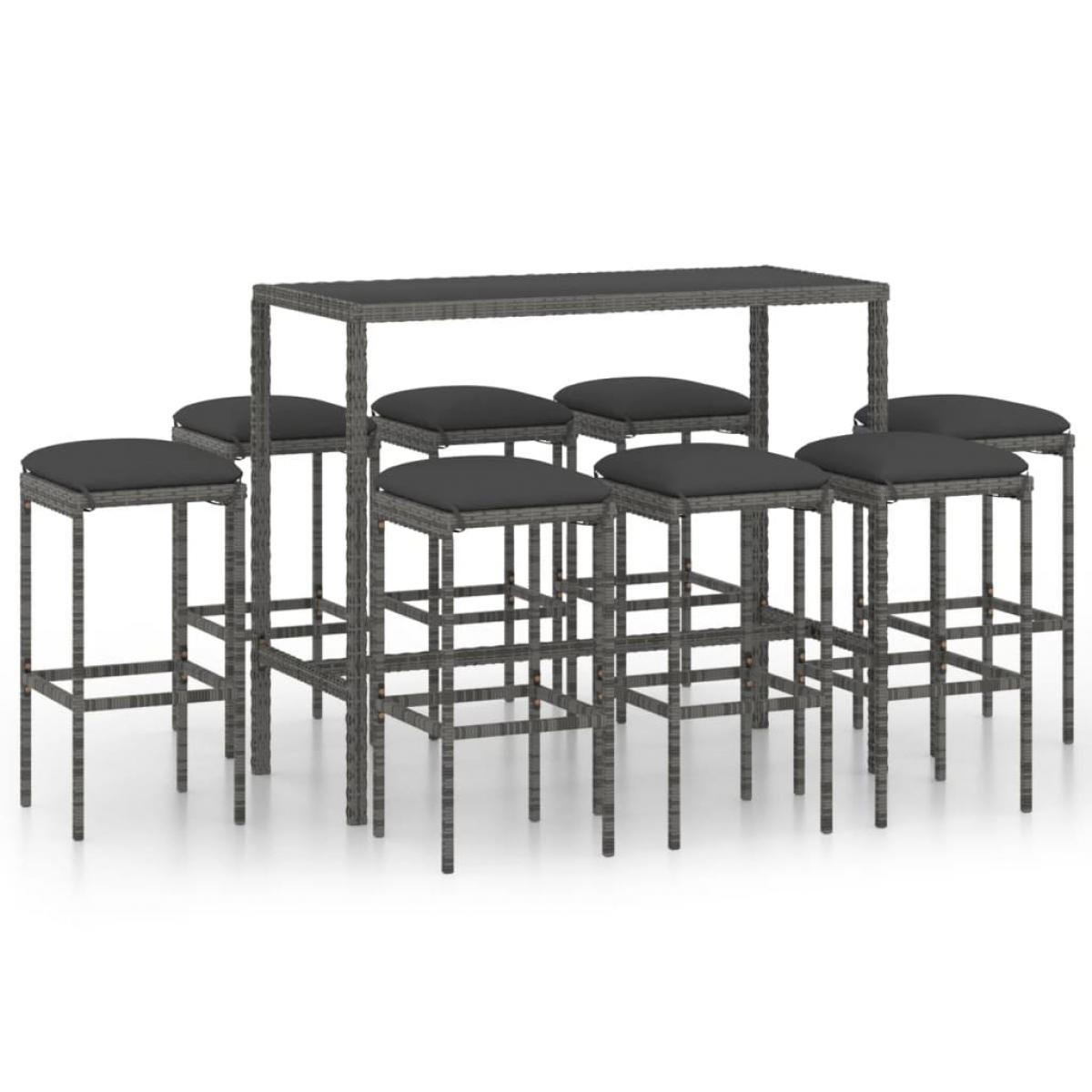 Set muebles bar jardín 9 piezas y cojines ratán sintético gris