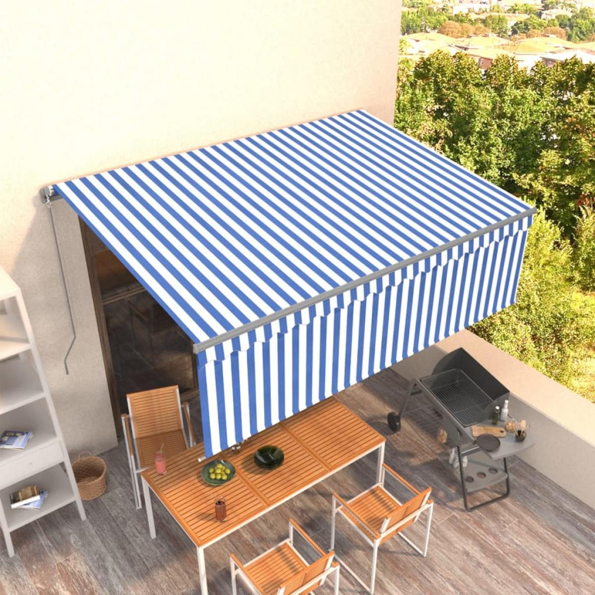 Toldo manual retráctil con persiana azul y blanco 4x3m