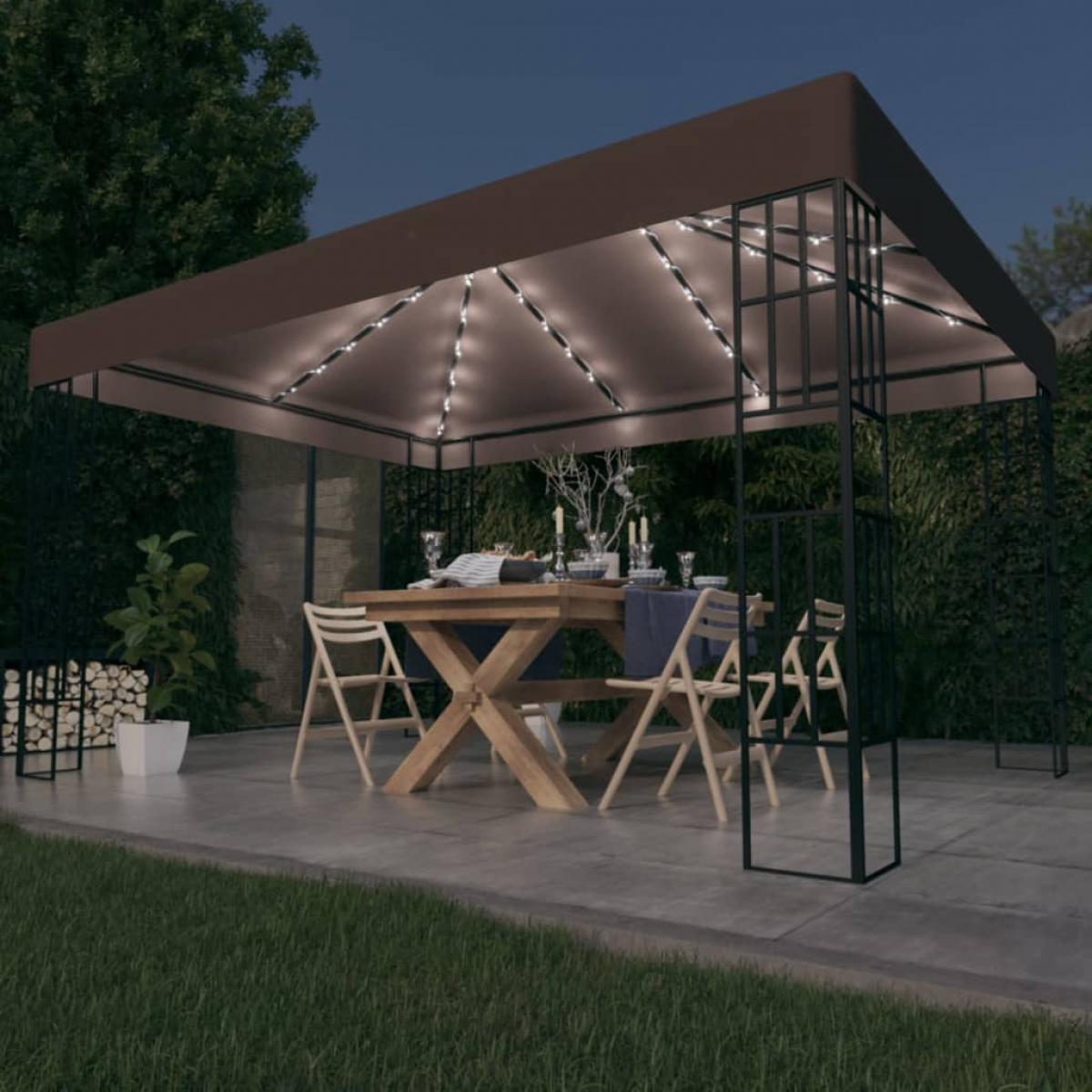 Carpa cenador de jardín con tira de luces LED 4x3 m taupé