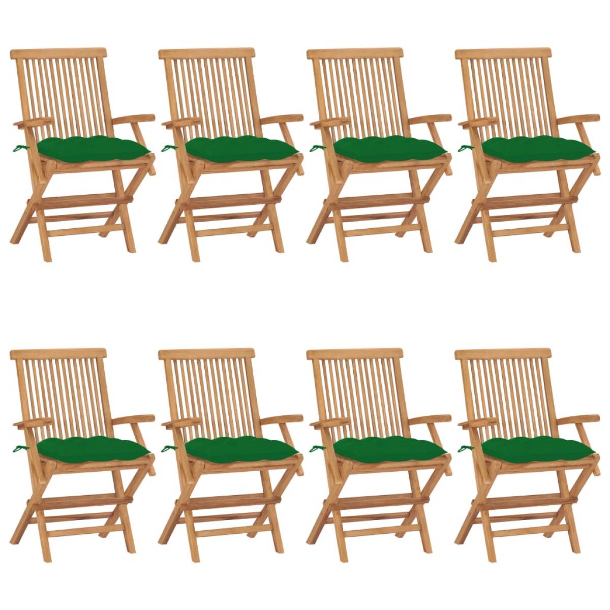 Sillas de jardín 8 uds madera maciza de teca con cojines verdes
