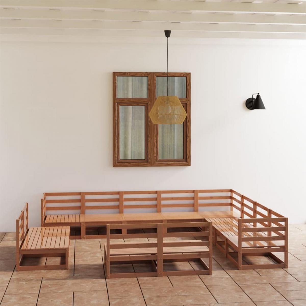 Muebles de jardín 12 pzas y cojines marrón miel madera pino
