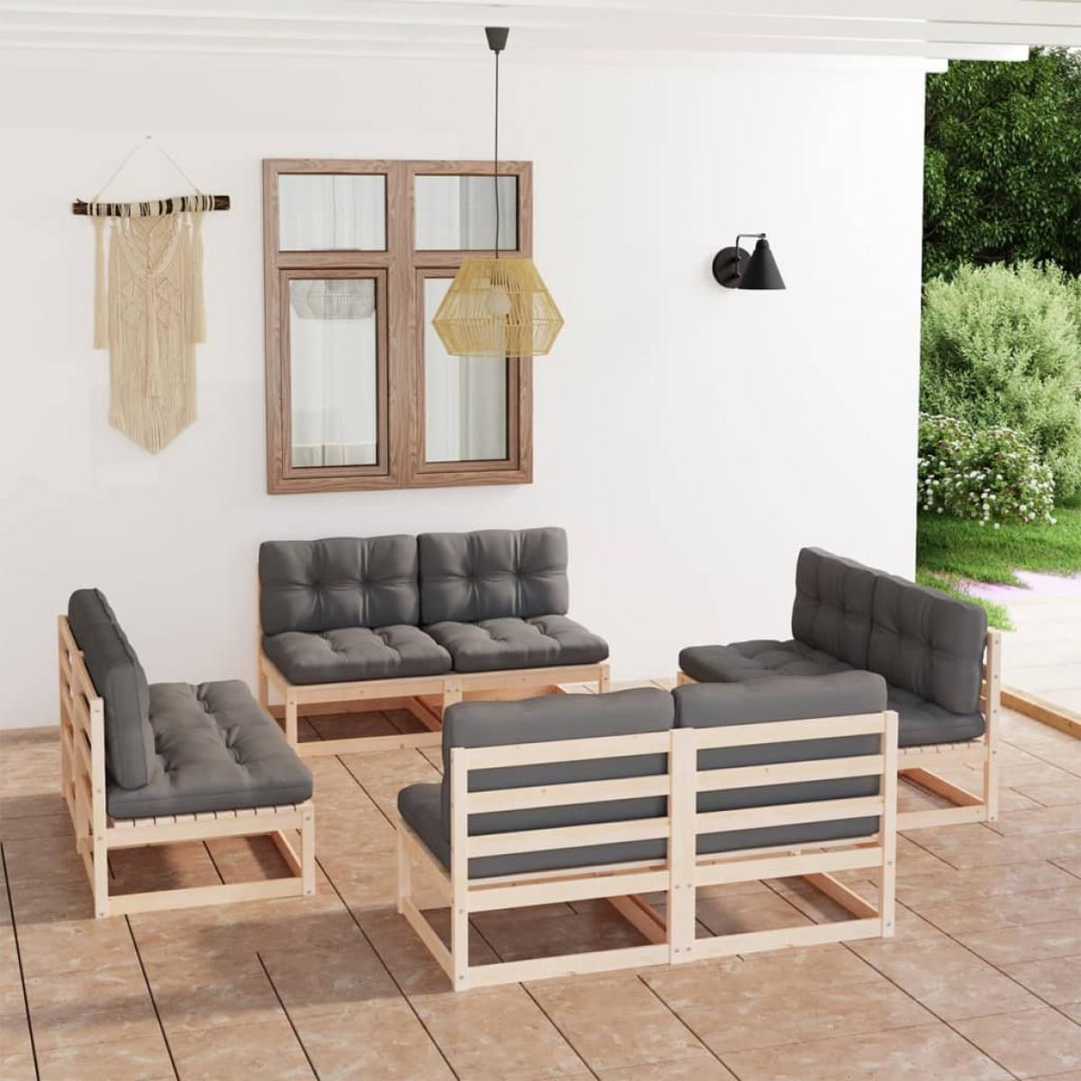 Juego de muebles de jardín 8 pzas y cojines madera pino maciza