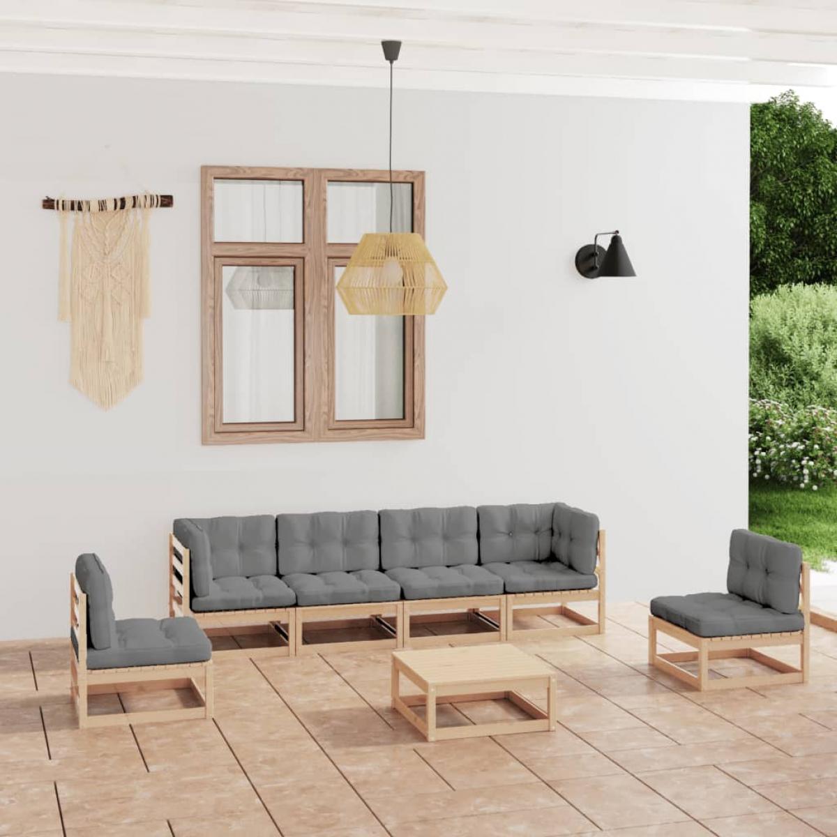 Muebles de jardín 7 piezas con cojines de madera de pino maciza