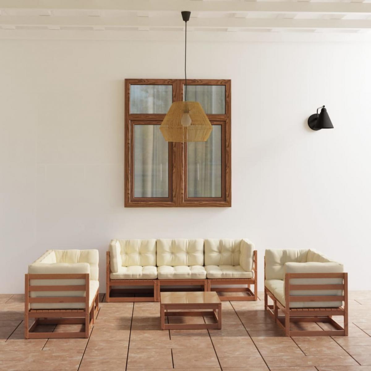 Muebles de jardín 8 piezas con cojines de madera de pino maciza