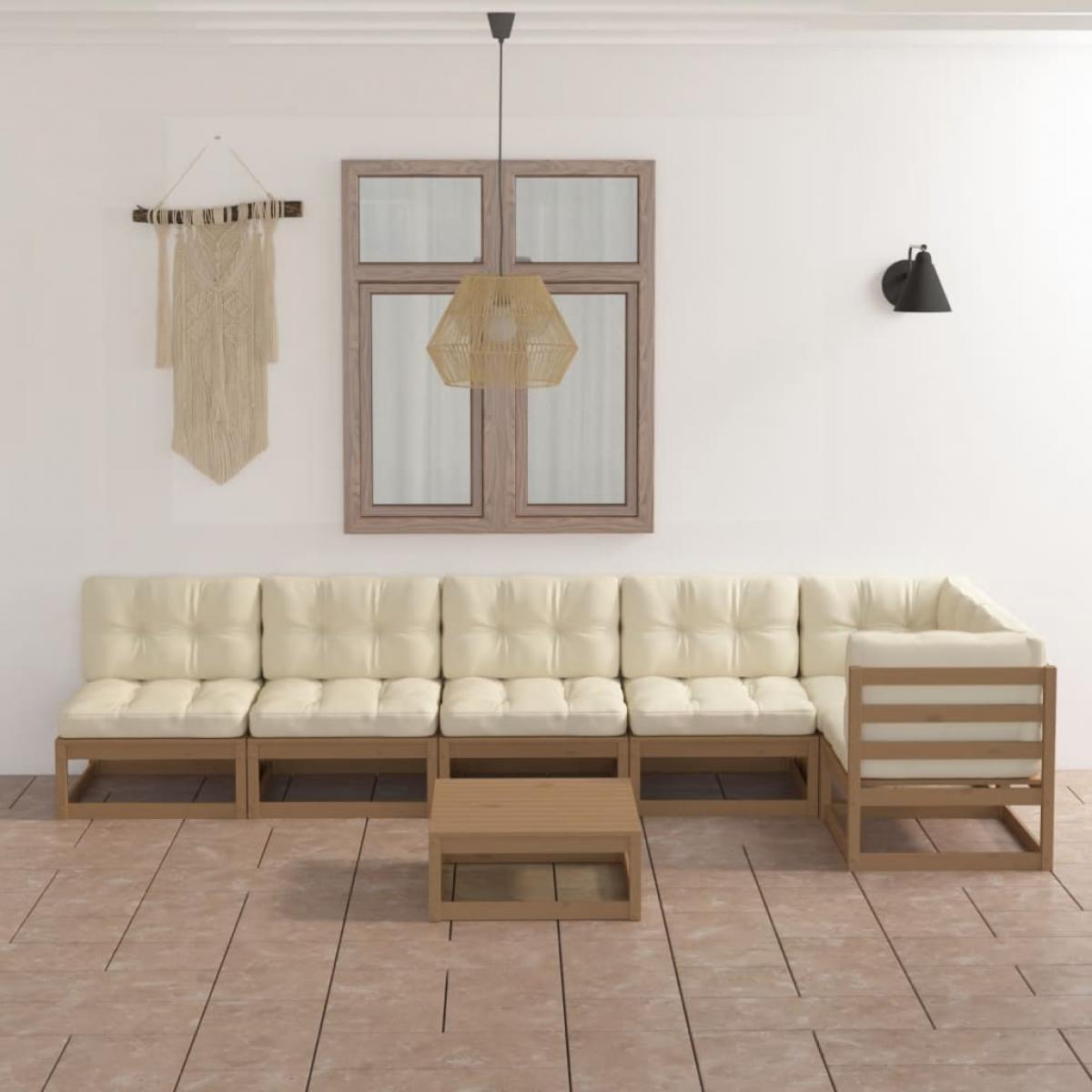 Muebles de jardín 7 piezas con cojines de madera de pino maciza
