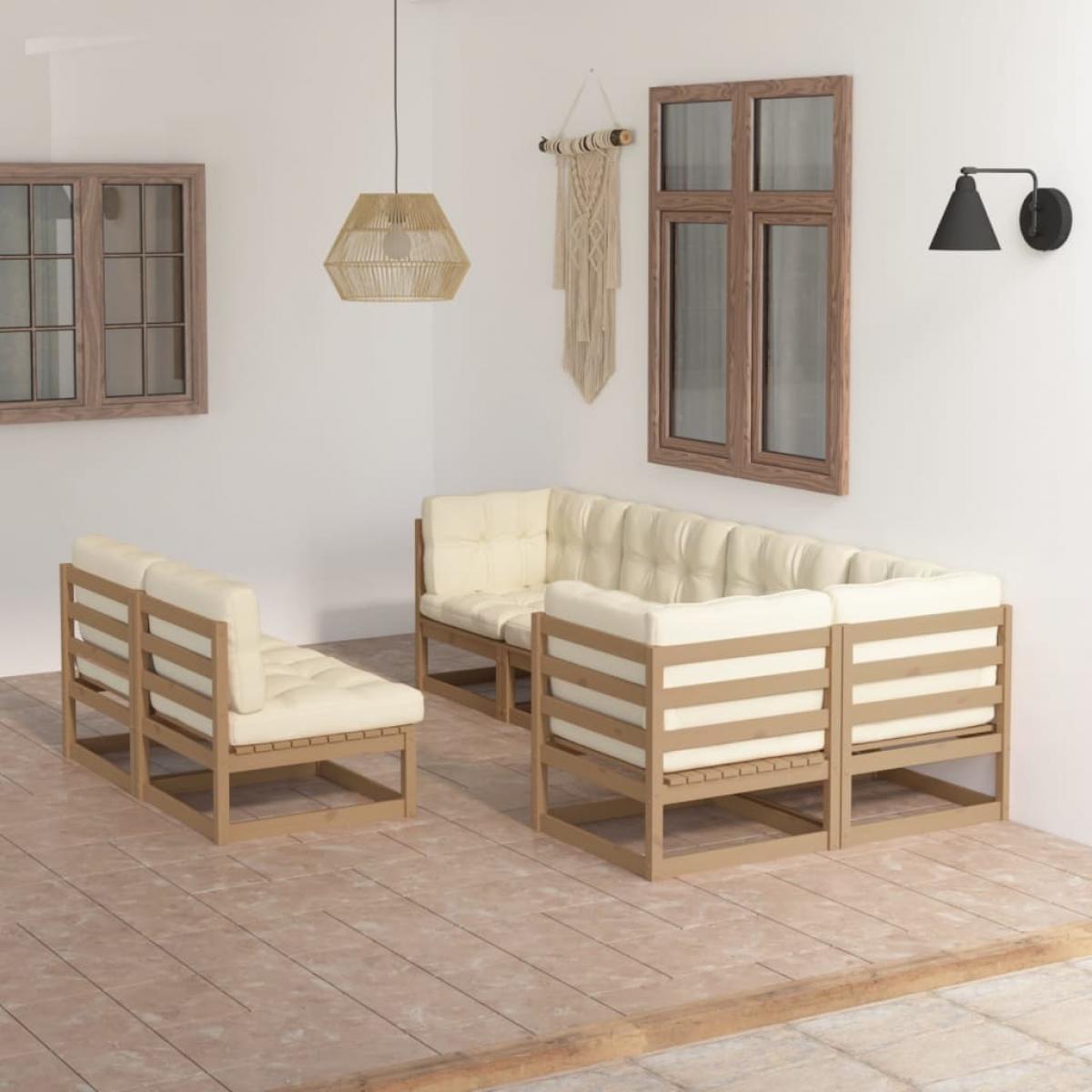 Juego de muebles de jardín 7 pzas y cojines madera maciza pino