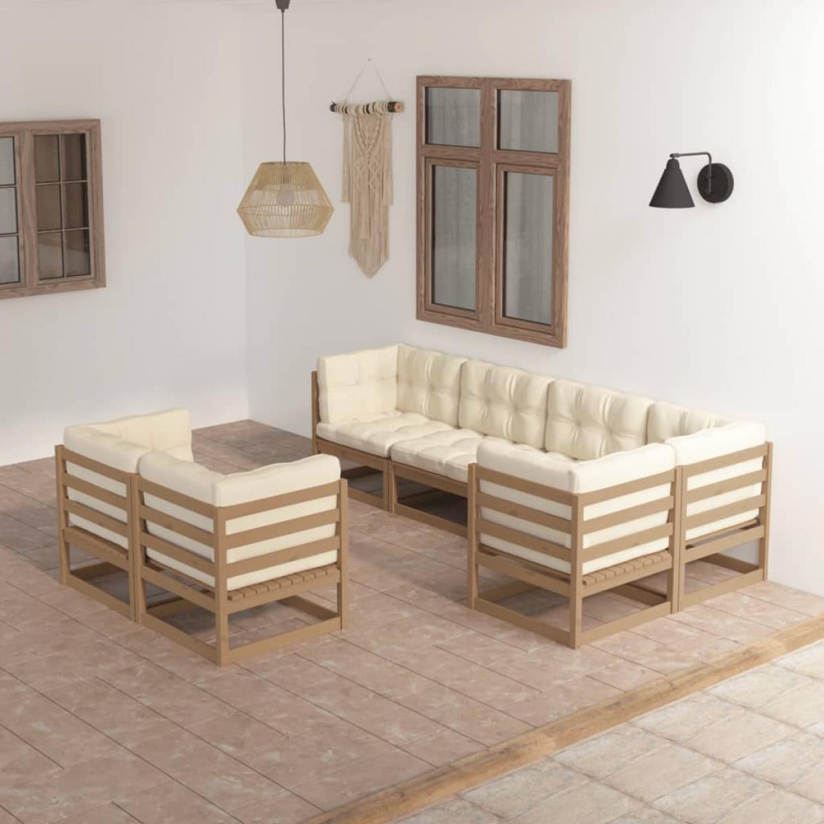 Juego de muebles de jardín 7 pzas y cojines madera maciza pino