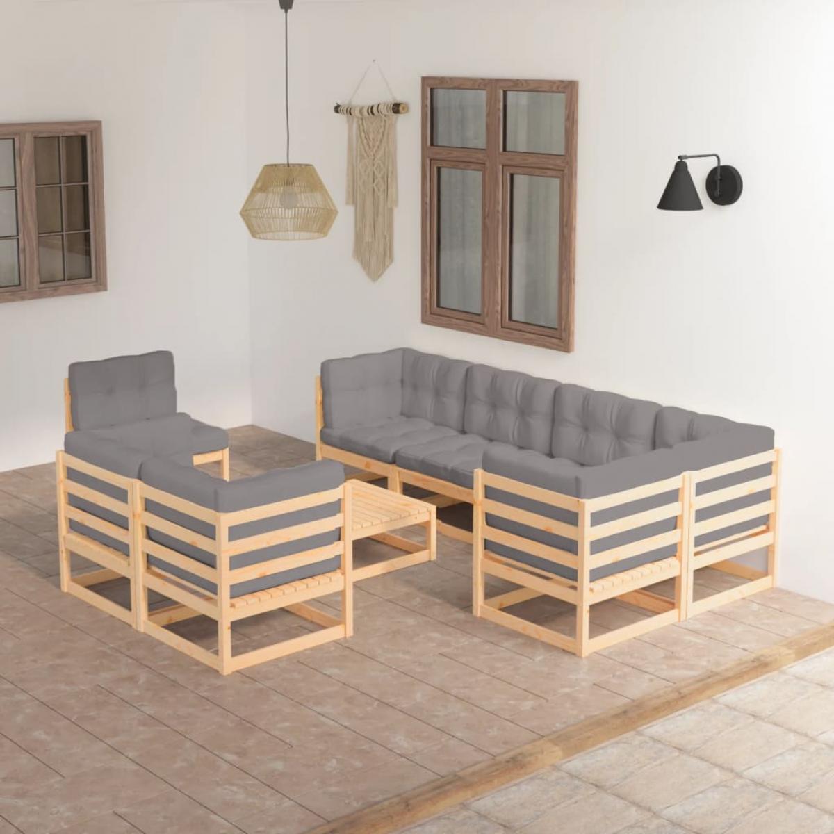 Juego de muebles de jardín 9 pzas y cojines madera maciza pino