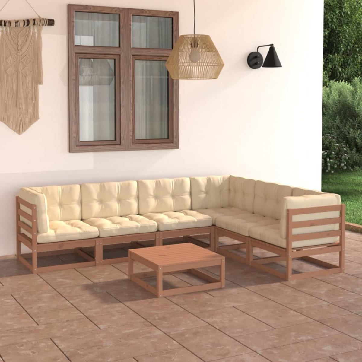 Set de muebles de jardín 7 pzs cojines madera pino marrón miel