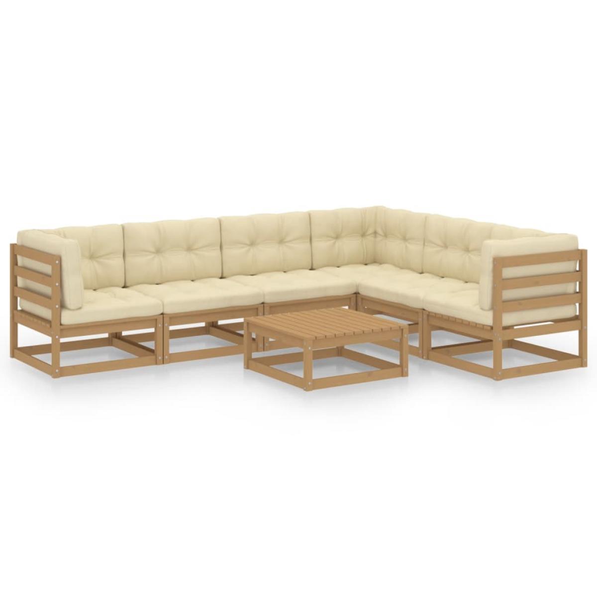 Set de muebles de jardín 7 pzs cojines madera pino marrón miel