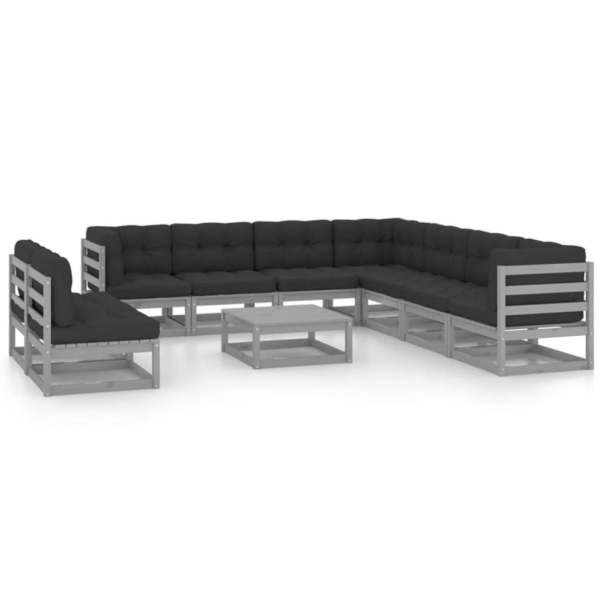 Set de muebles de jardín 10 pzas con cojines madera pino gris