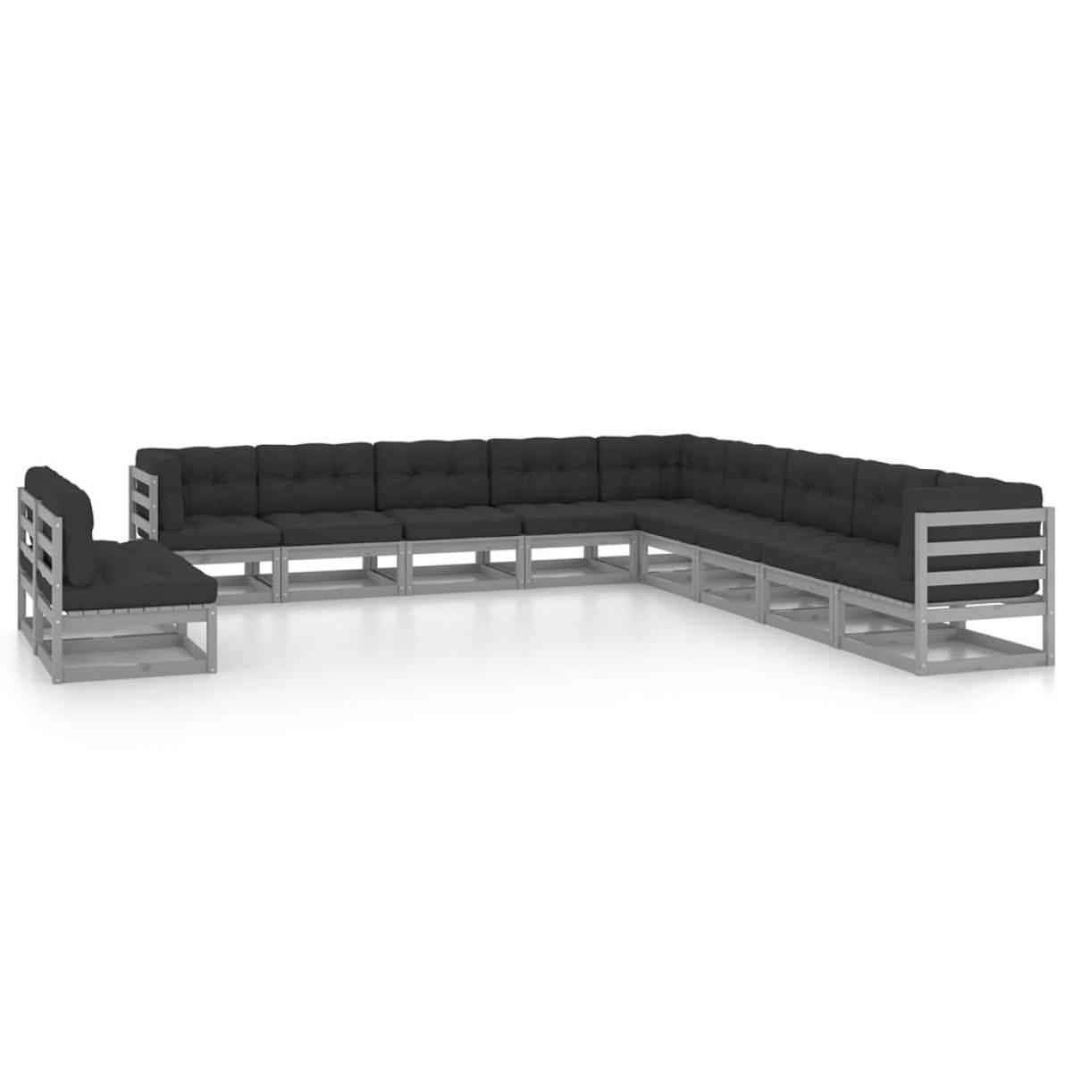Set de muebles de jardín 11 pzas con cojines madera pino gris