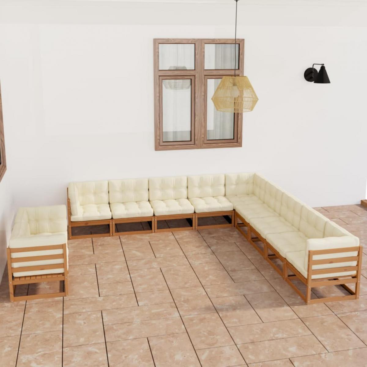 Set de muebles de jardín 11 pzs cojines madera pino marrón miel