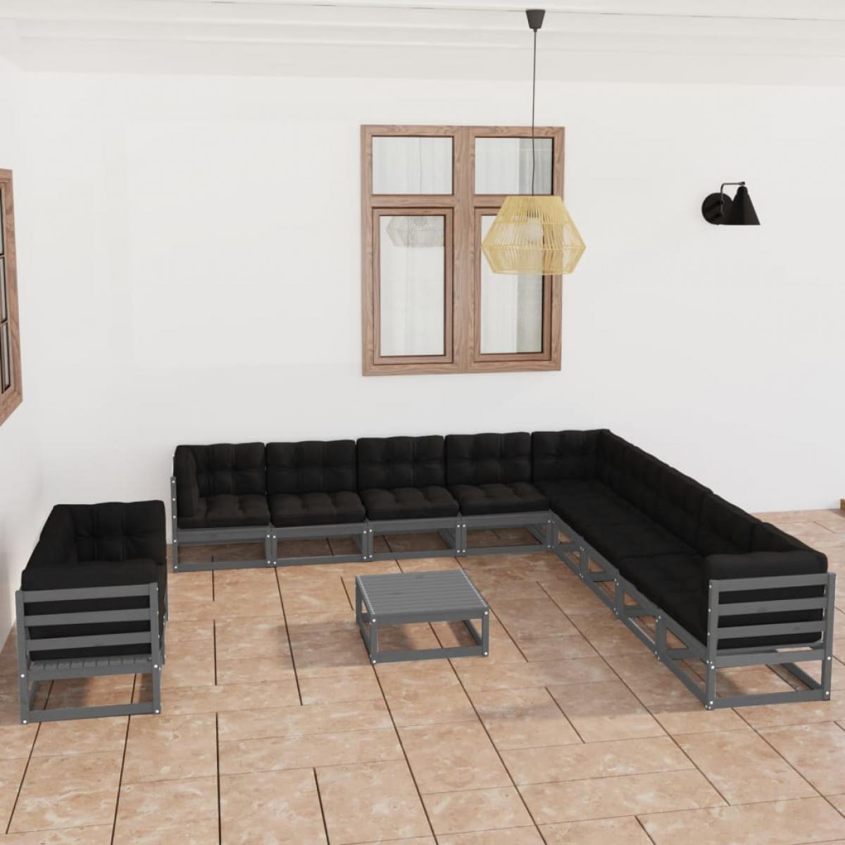 Set de muebles de jardín 12 pzas con cojines madera pino gris