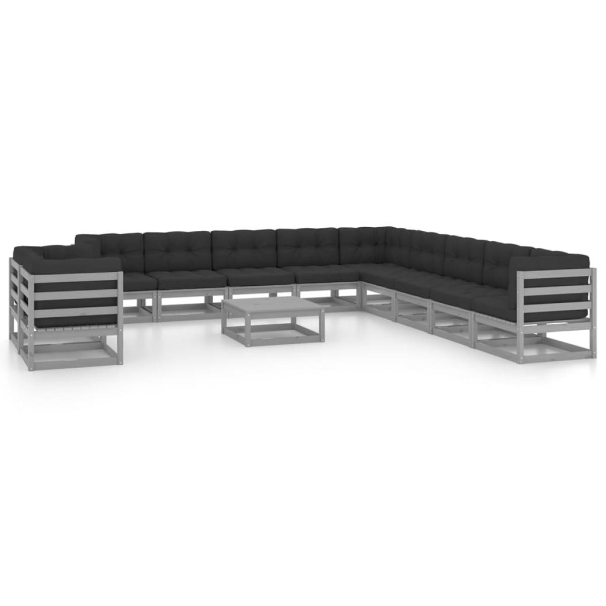 Set de muebles de jardín 12 pzas con cojines madera pino gris
