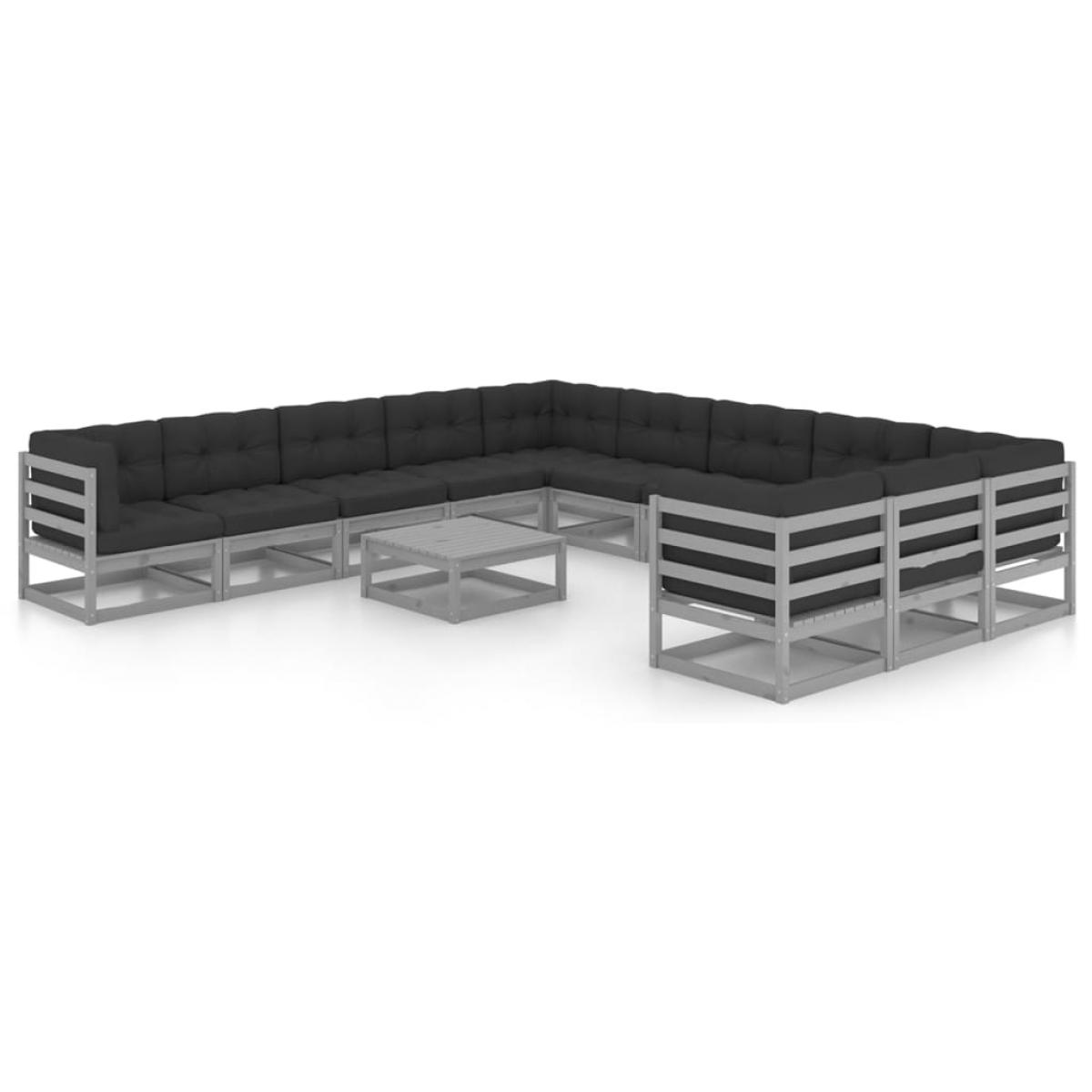 Set de muebles de jardín 12 pzas con cojines madera pino gris