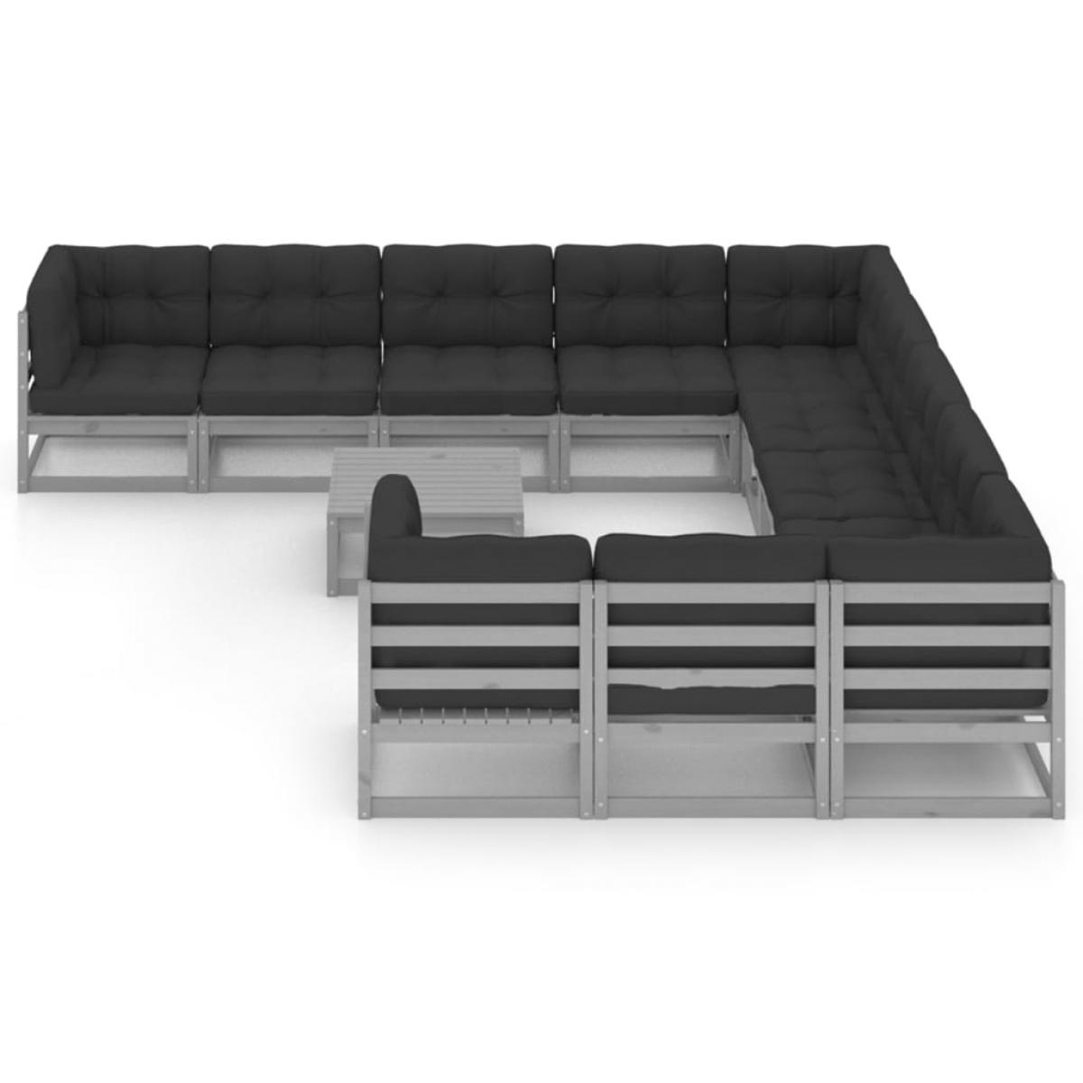 Set de muebles de jardín 12 pzas con cojines madera pino gris