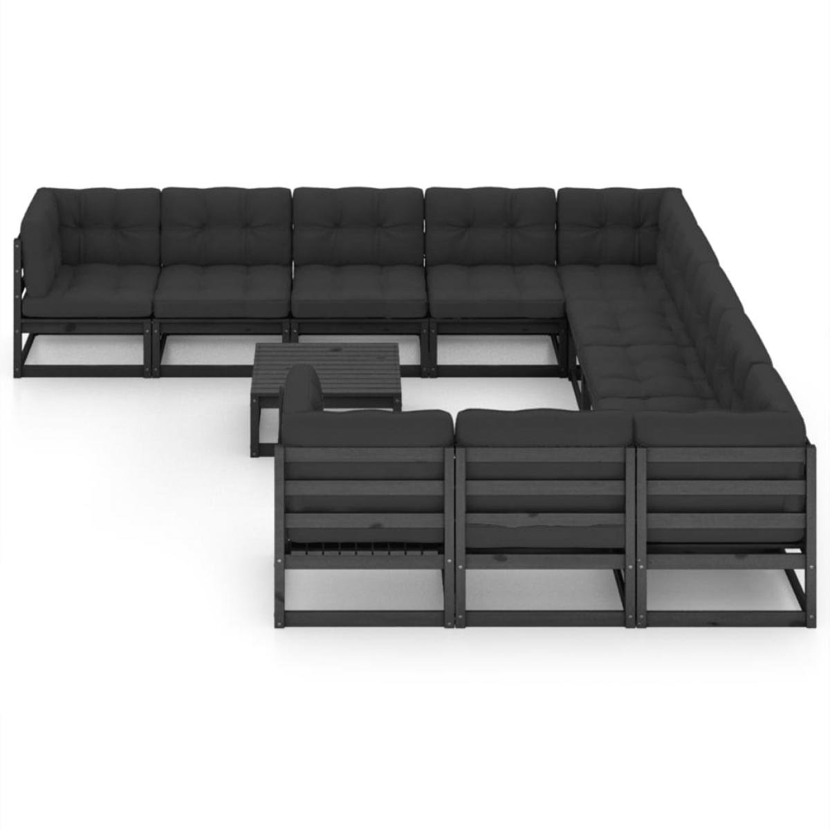 Set de muebles de jardín 12 pzas con cojines madera pino negro