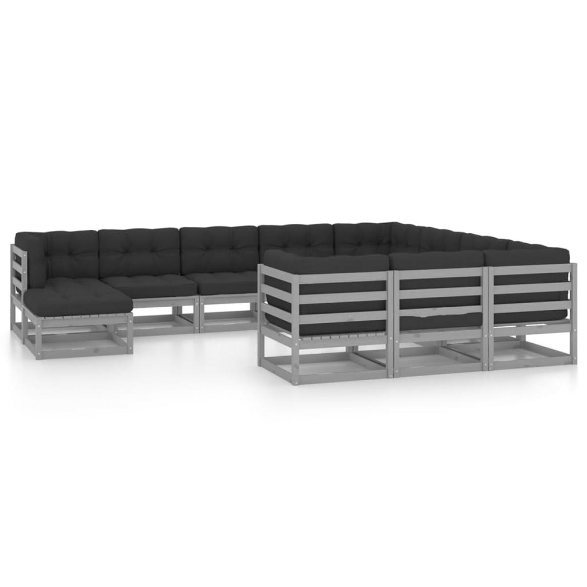 Set de muebles de jardín 11 pzas con cojines madera pino gris