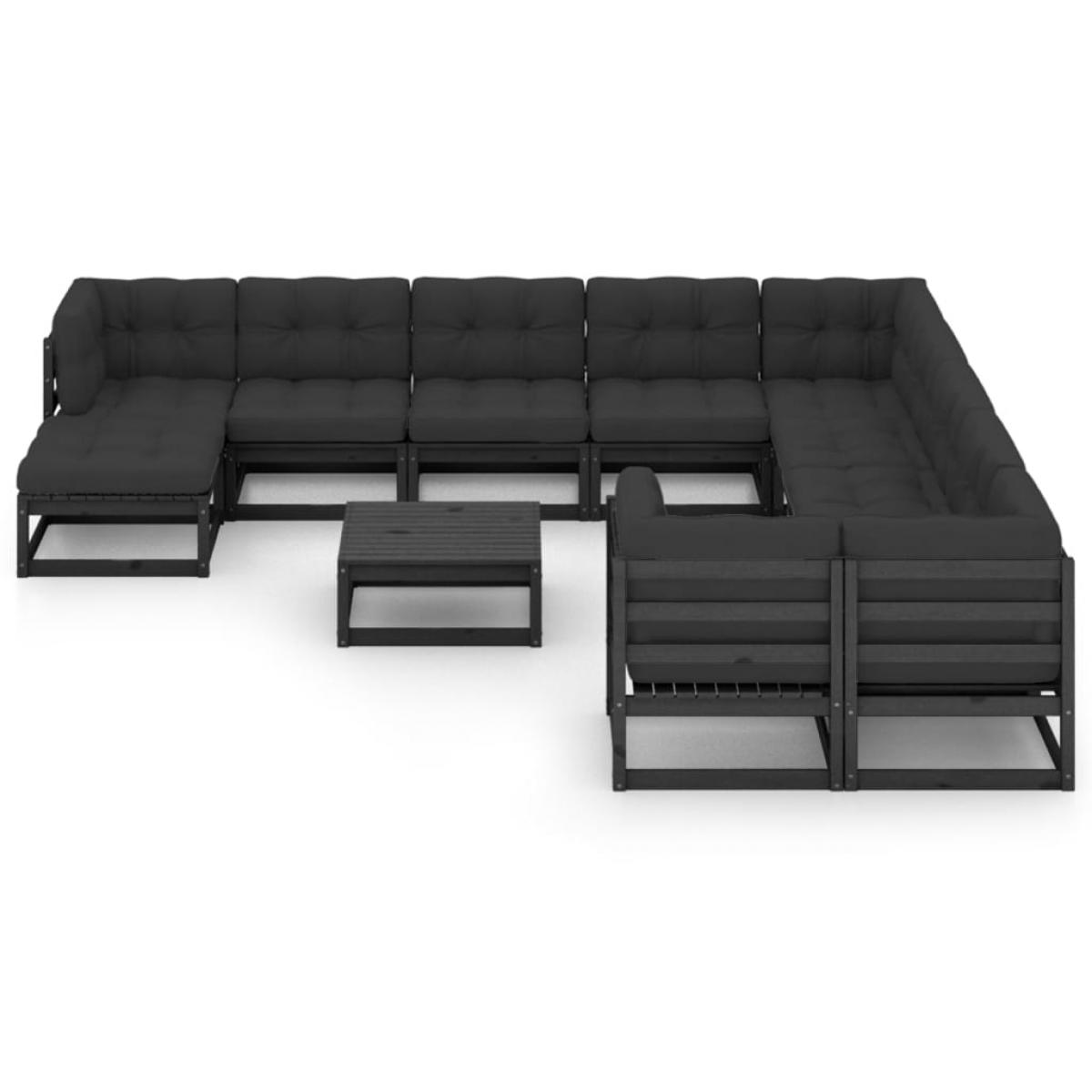 Set de muebles de jardín 12 pzas con cojines madera pino negro
