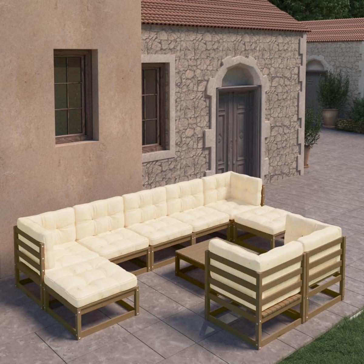 Set de muebles de jardín 10 pzs cojines madera pino marrón miel