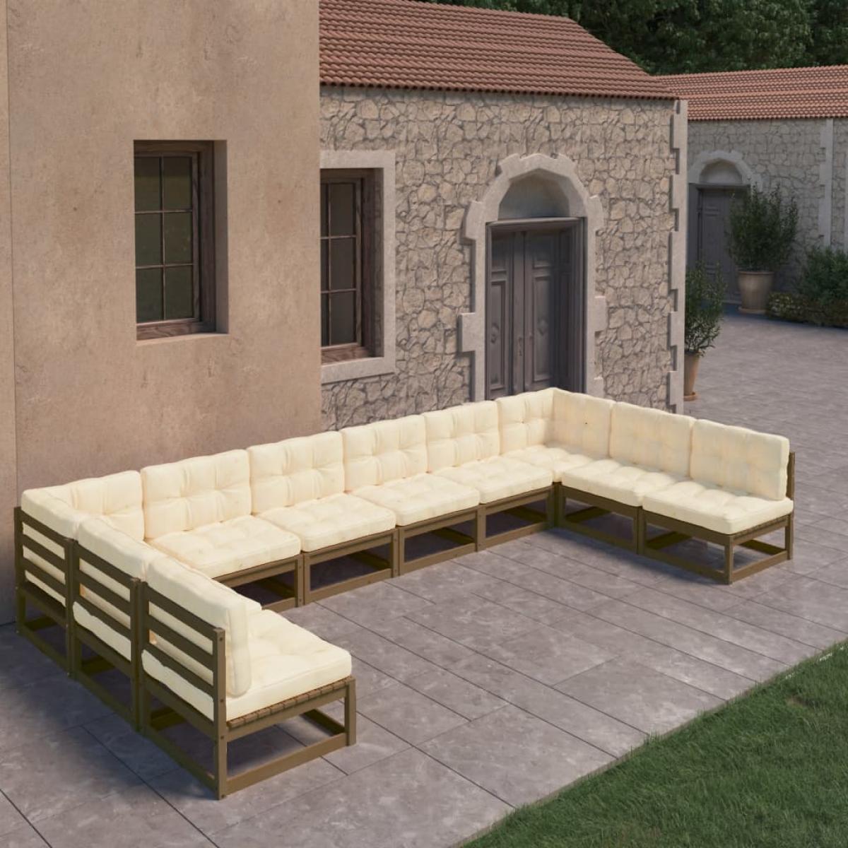 Set de muebles de jardín 10 pzs cojines madera pino marrón miel