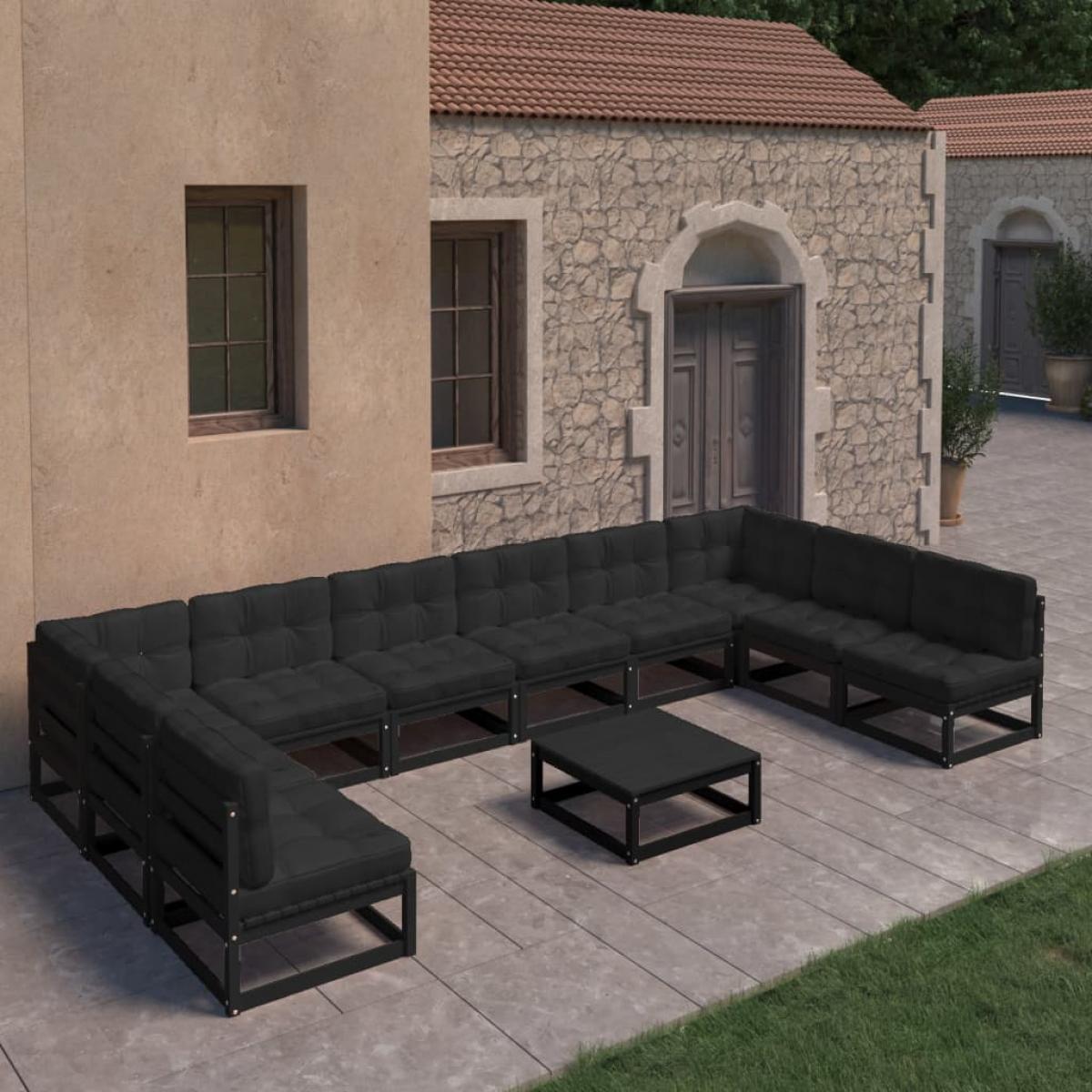 Set de muebles de jardín 11 pzas con cojines madera pino negro