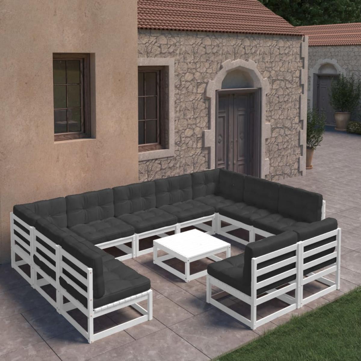 Set de muebles de jardín 12 pzas con cojines madera pino blanco